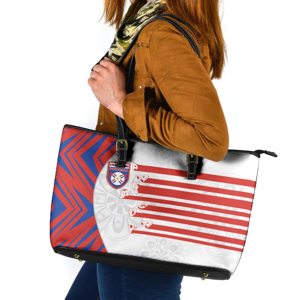 Paraguay Football Leather Tote Bag Stripes Typography With Nanduti Flower Patterns