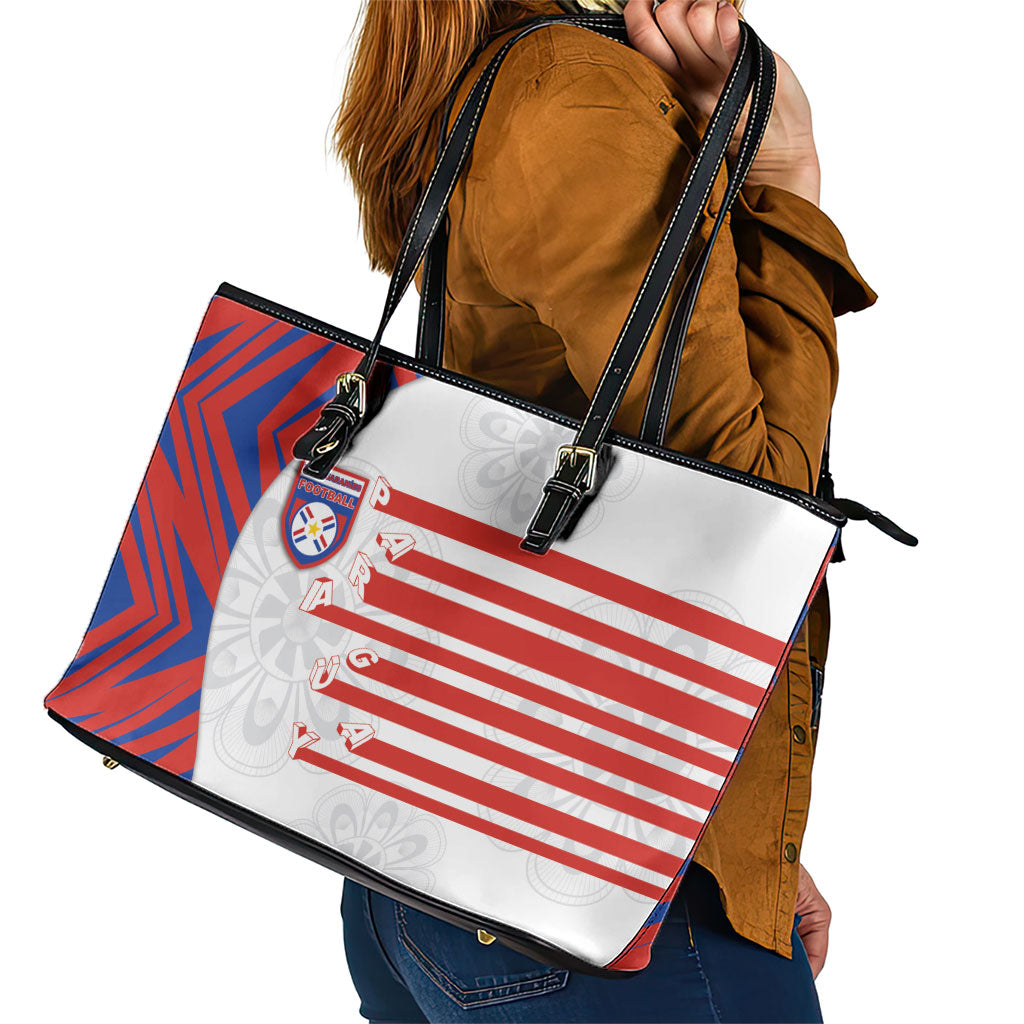 Paraguay Football Leather Tote Bag Stripes Typography With Nanduti Flower Patterns