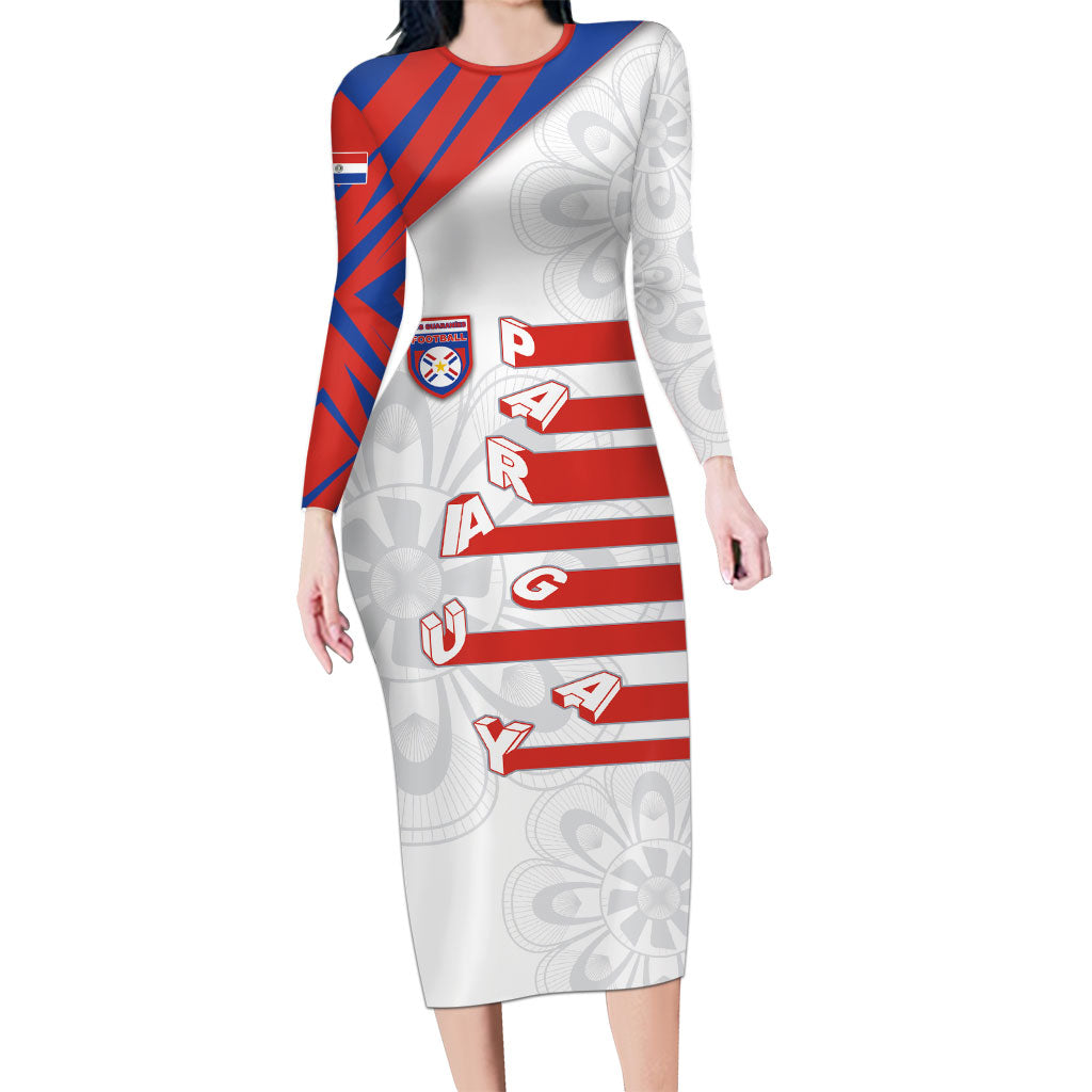Custom Paraguay Football Long Sleeve Bodycon Dress Stripes Typography With Nanduti Flower Patterns