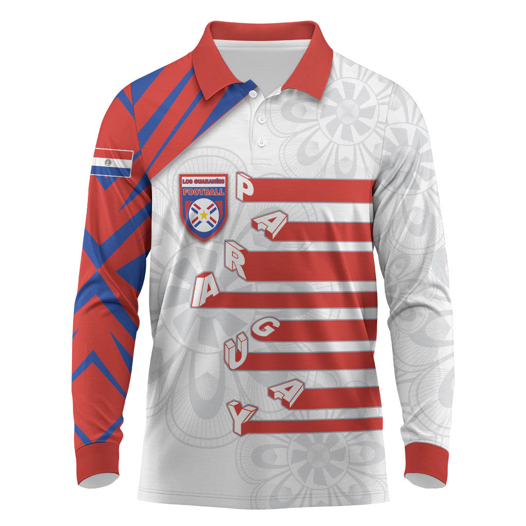 Custom Paraguay Football Long Sleeve Polo Shirt Stripes Typography With Nanduti Flower Patterns