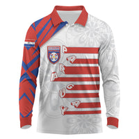 Custom Paraguay Football Long Sleeve Polo Shirt Stripes Typography With Nanduti Flower Patterns