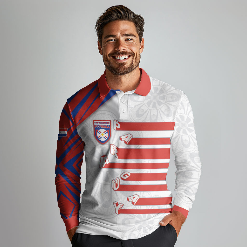 Custom Paraguay Football Long Sleeve Polo Shirt Stripes Typography With Nanduti Flower Patterns