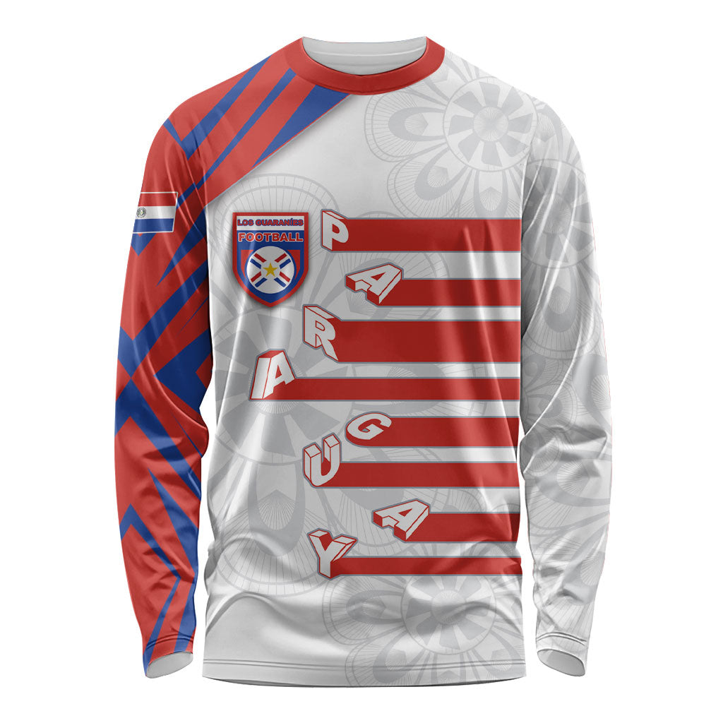Custom Paraguay Football Long Sleeve Shirt Stripes Typography With Nanduti Flower Patterns