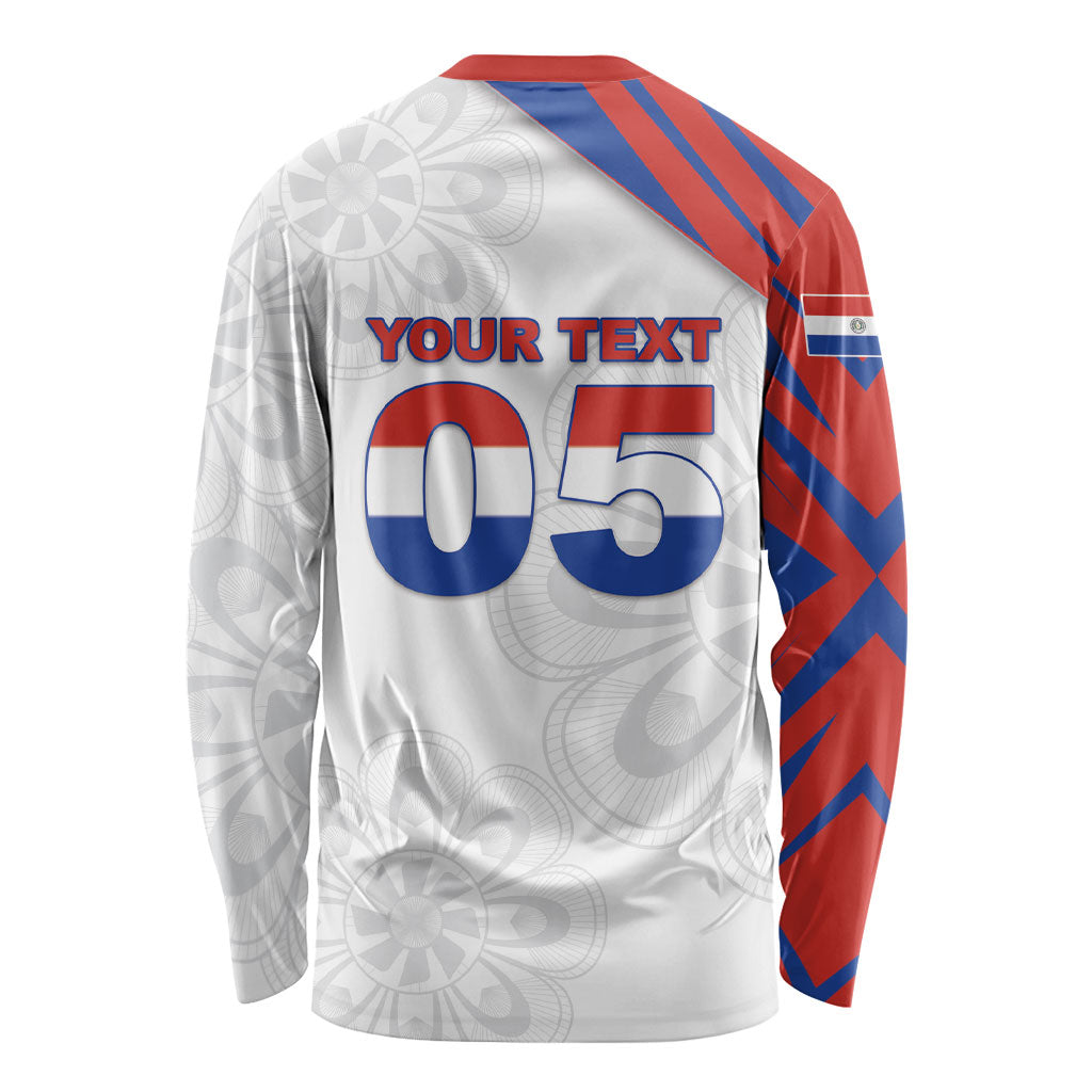 Custom Paraguay Football Long Sleeve Shirt Stripes Typography With Nanduti Flower Patterns