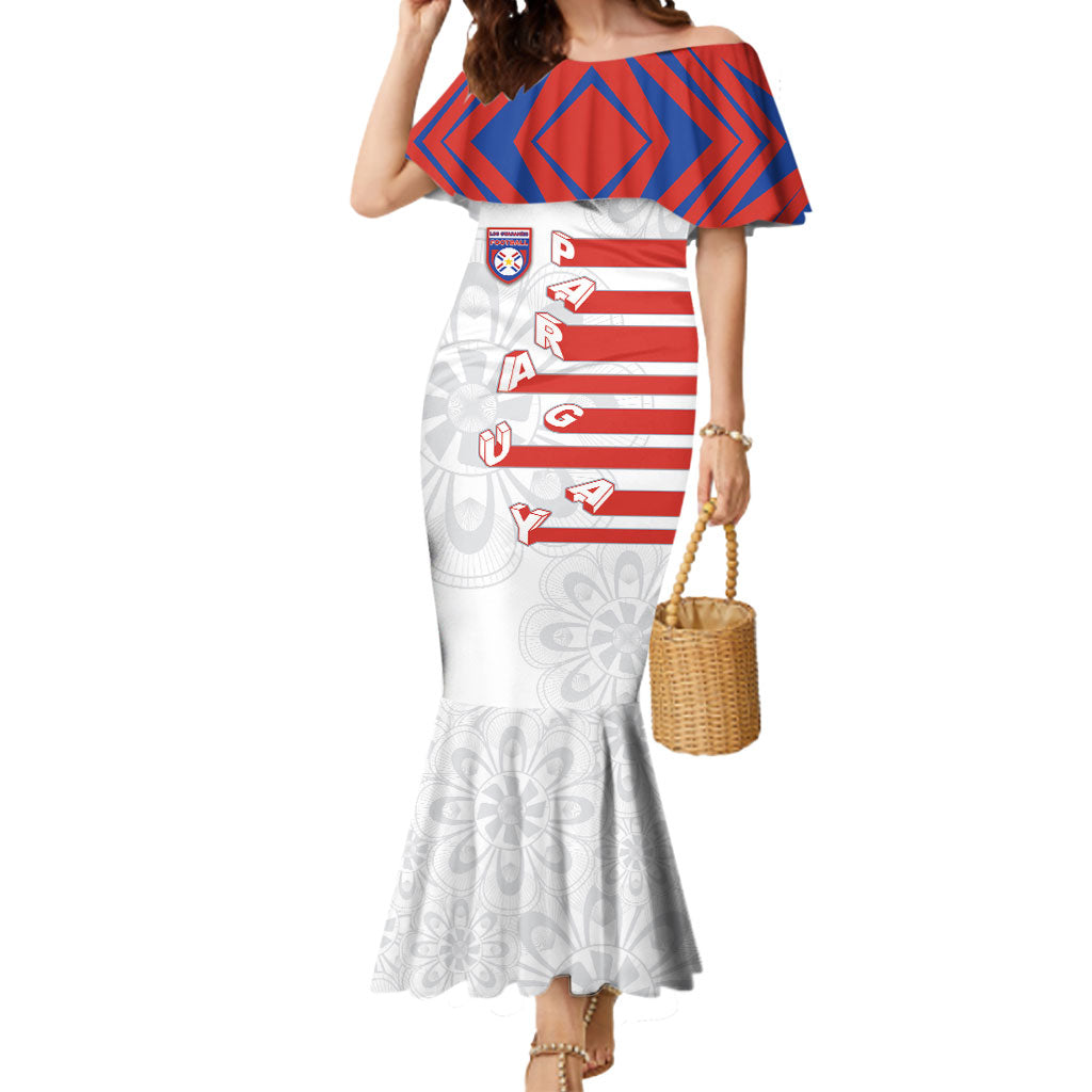 Custom Paraguay Football Mermaid Dress Stripes Typography With Nanduti Flower Patterns