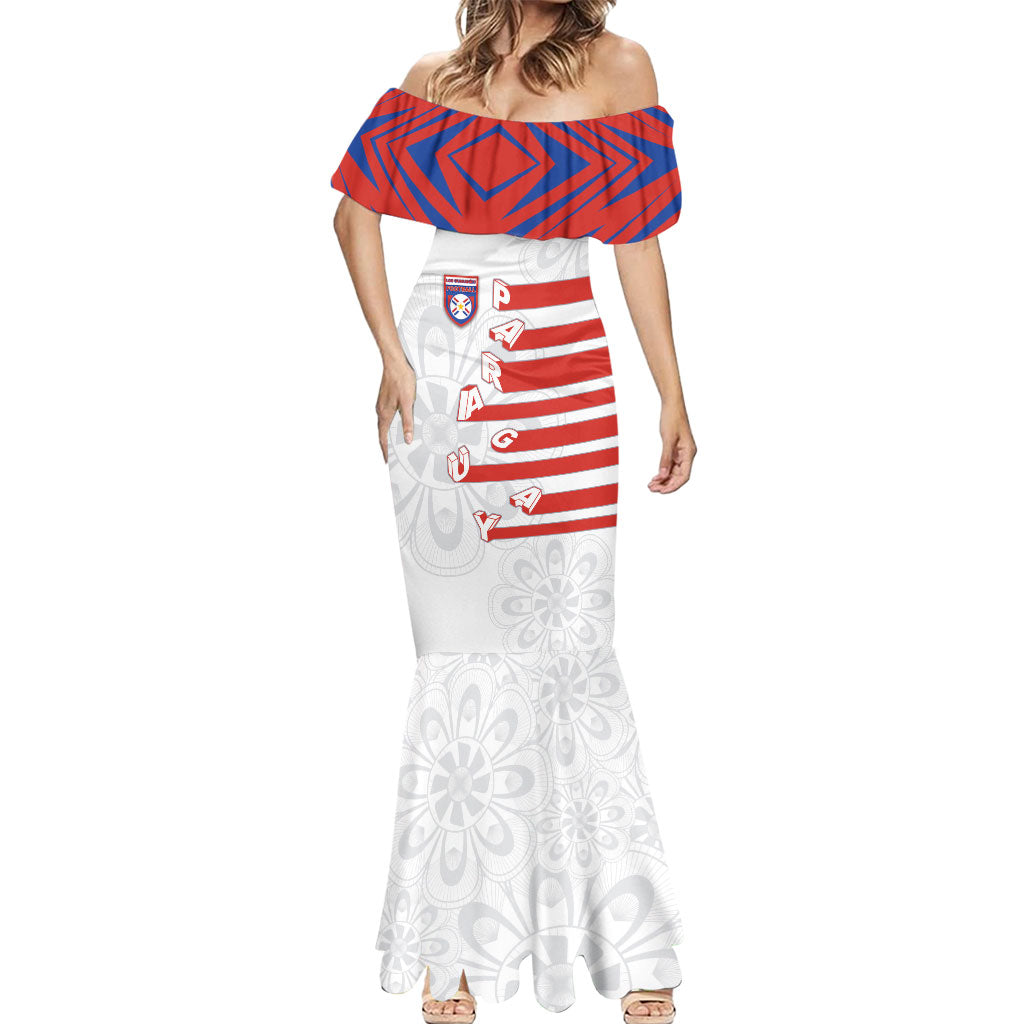 Custom Paraguay Football Mermaid Dress Stripes Typography With Nanduti Flower Patterns