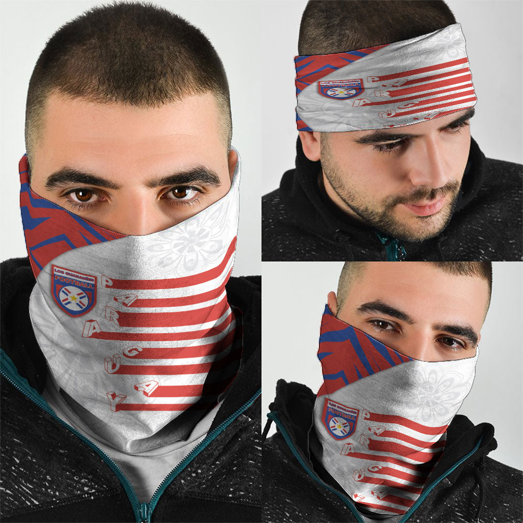 Paraguay Football Neck Gaiter Stripes Typography With Nanduti Flower Patterns