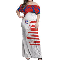 Custom Paraguay Football Off Shoulder Maxi Dress Stripes Typography With Nanduti Flower Patterns