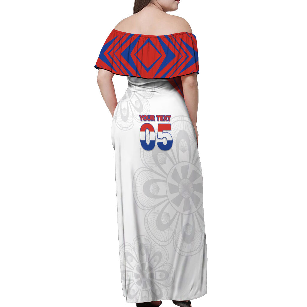 Custom Paraguay Football Off Shoulder Maxi Dress Stripes Typography With Nanduti Flower Patterns