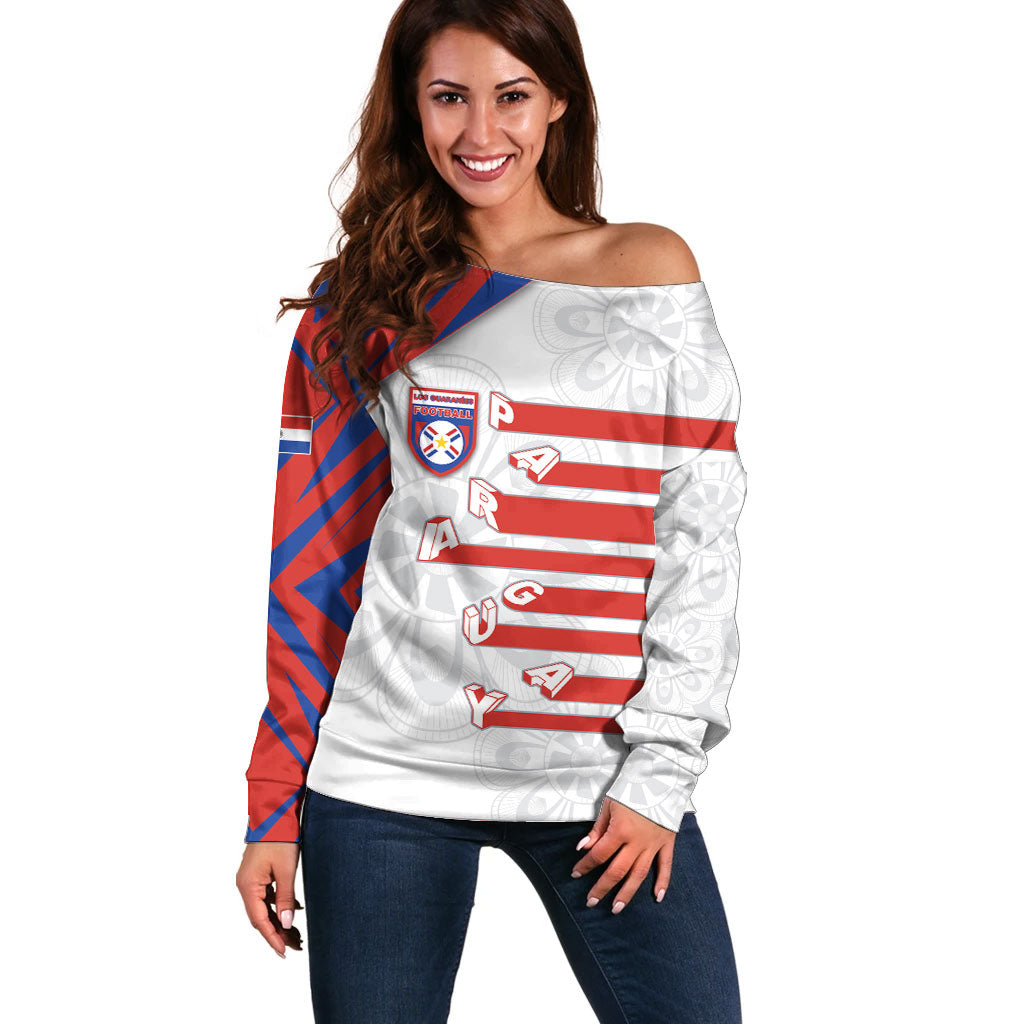 Custom Paraguay Football Off Shoulder Sweater Stripes Typography With Nanduti Flower Patterns