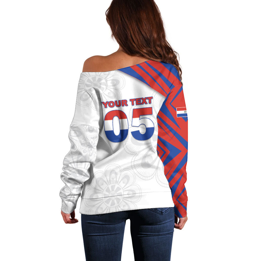 Custom Paraguay Football Off Shoulder Sweater Stripes Typography With Nanduti Flower Patterns