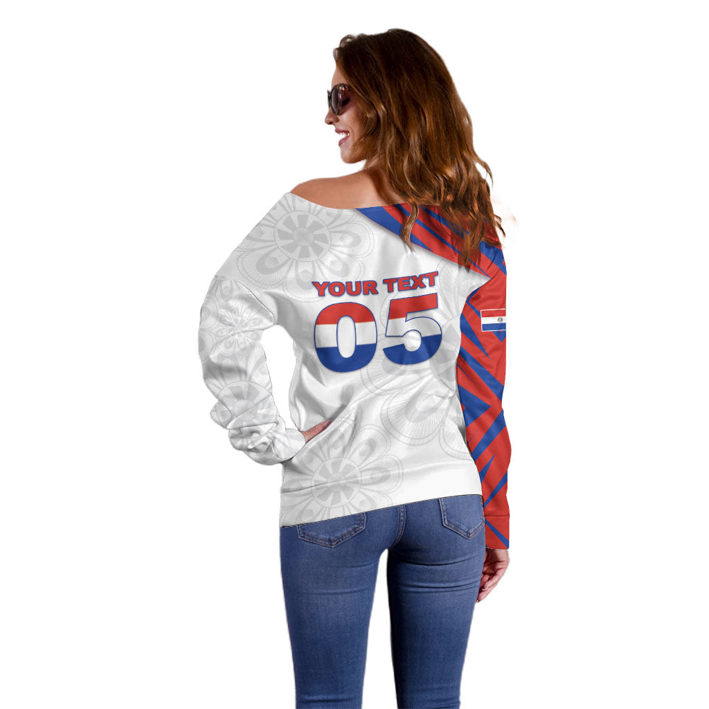 Custom Paraguay Football Off Shoulder Sweater Stripes Typography With Nanduti Flower Patterns