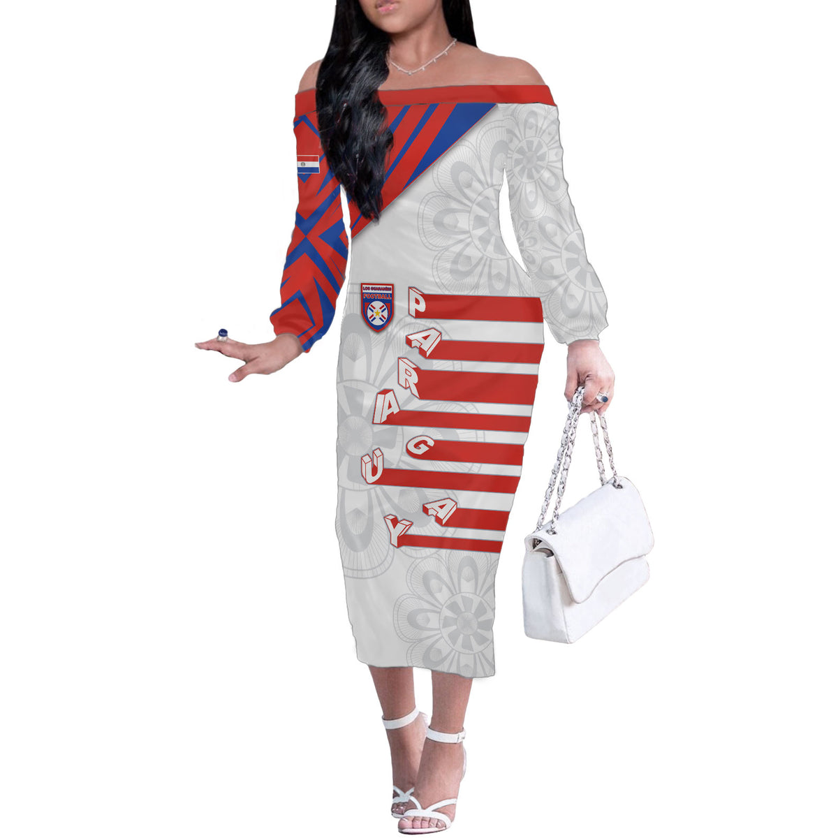 Custom Paraguay Football Off The Shoulder Long Sleeve Dress Stripes Typography With Nanduti Flower Patterns