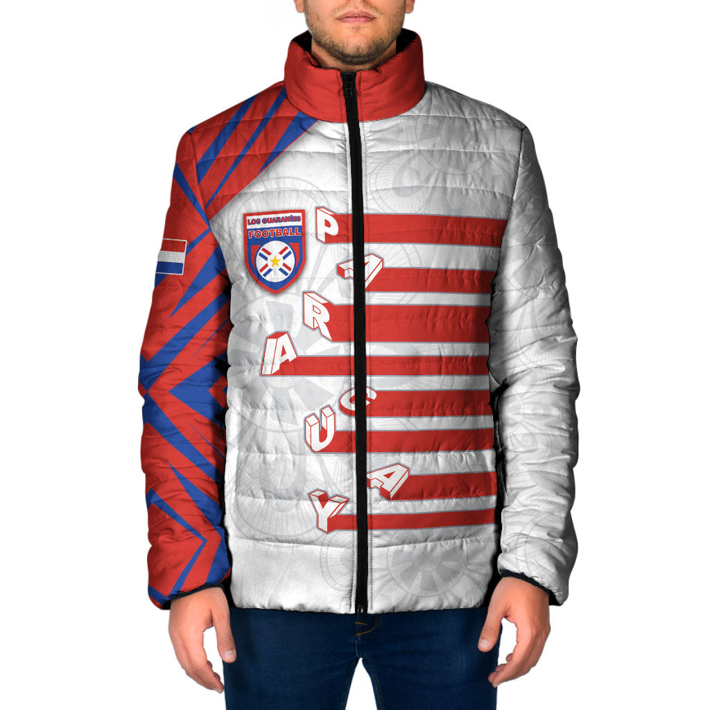 Custom Paraguay Football Padded Jacket Stripes Typography With Nanduti Flower Patterns