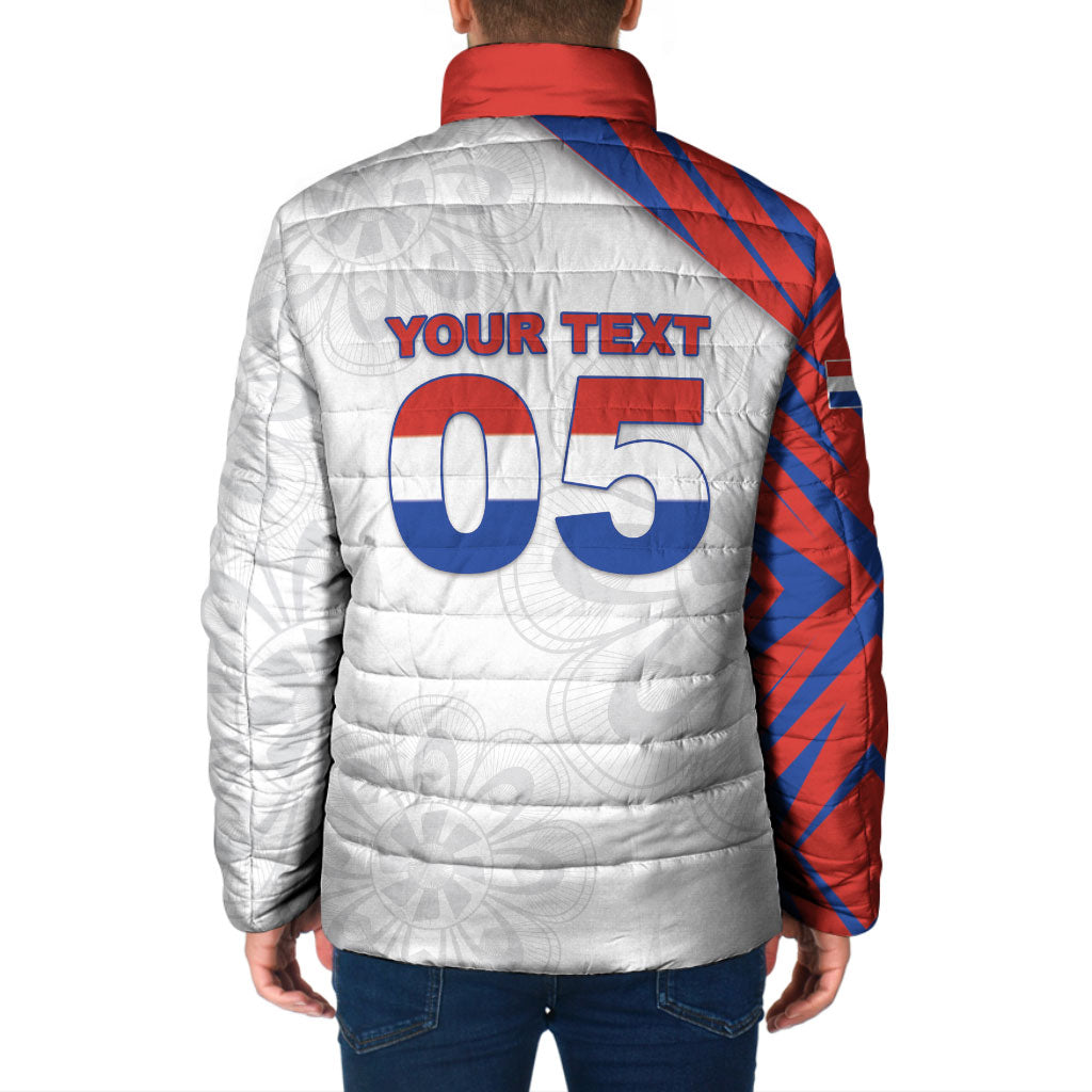 Custom Paraguay Football Padded Jacket Stripes Typography With Nanduti Flower Patterns