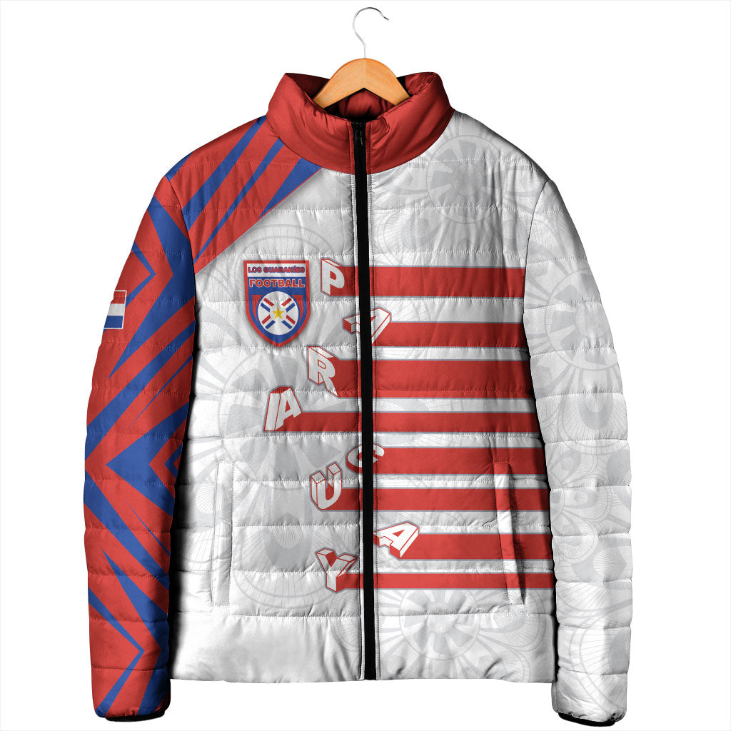 Custom Paraguay Football Padded Jacket Stripes Typography With Nanduti Flower Patterns