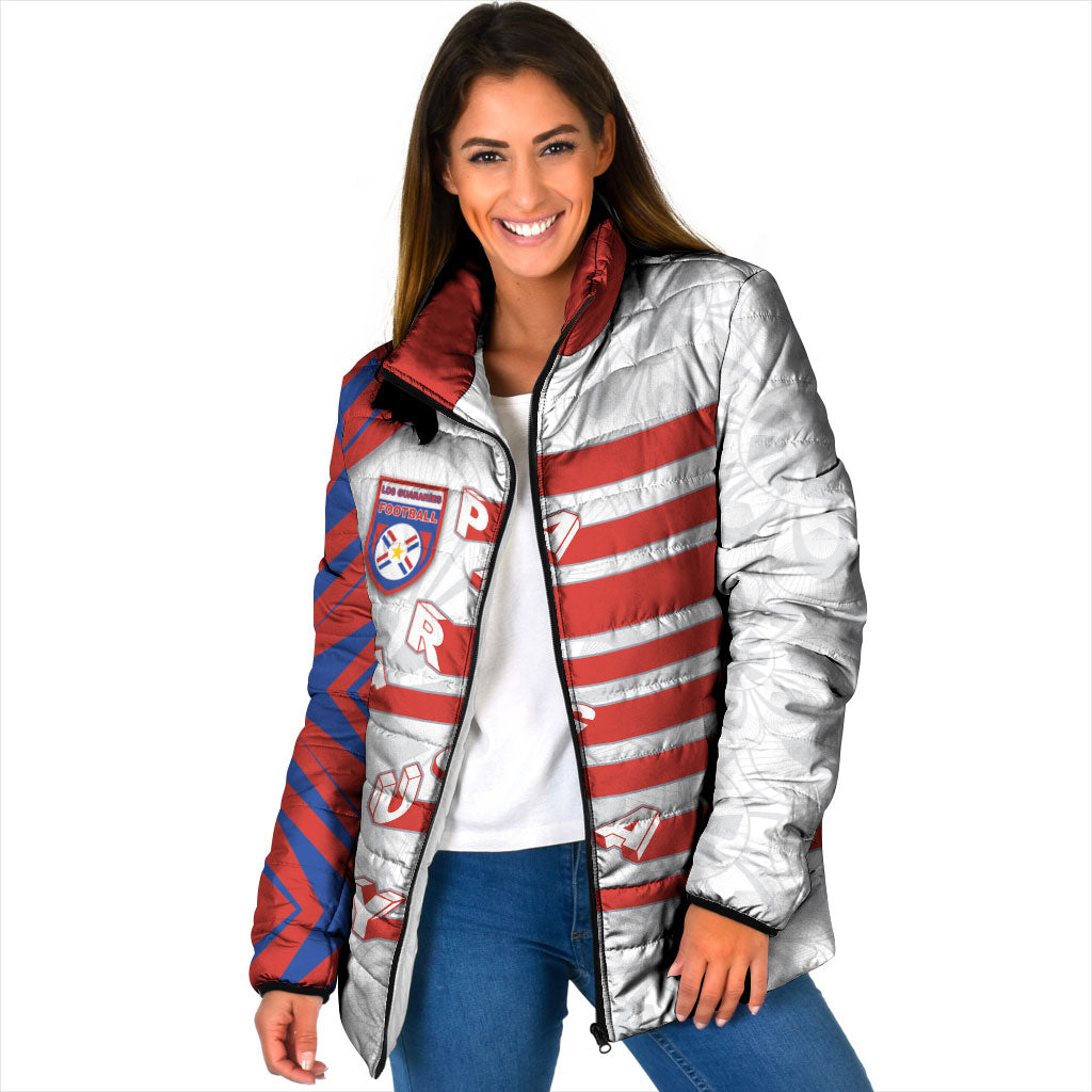 Custom Paraguay Football Padded Jacket Stripes Typography With Nanduti Flower Patterns