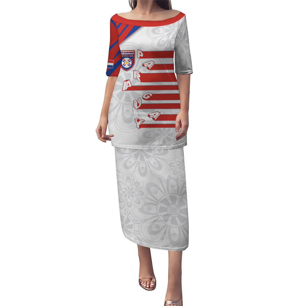 Custom Paraguay Football Puletasi Stripes Typography With Nanduti Flower Patterns
