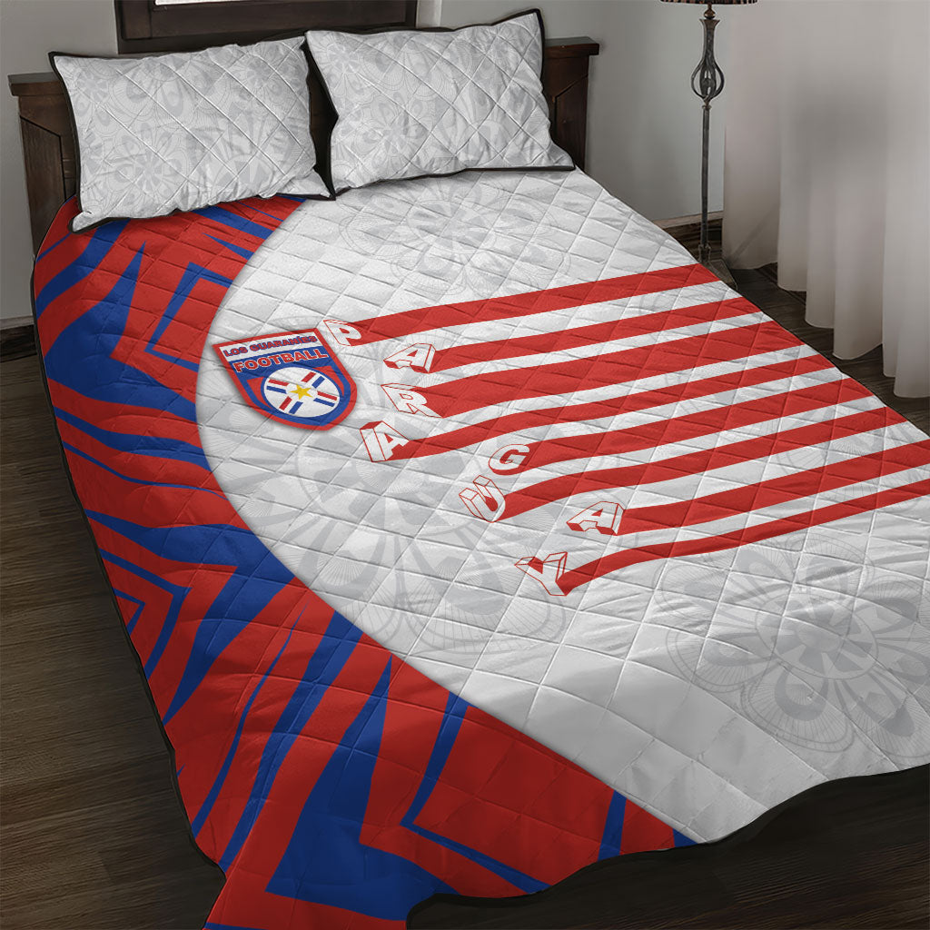 Paraguay Football Quilt Bed Set Stripes Typography With Nanduti Flower Patterns