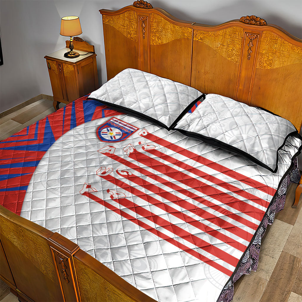 Paraguay Football Quilt Bed Set Stripes Typography With Nanduti Flower Patterns