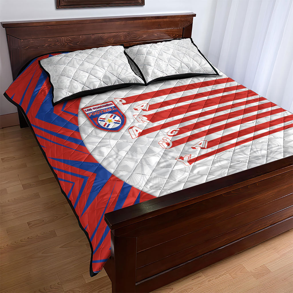 Paraguay Football Quilt Bed Set Stripes Typography With Nanduti Flower Patterns