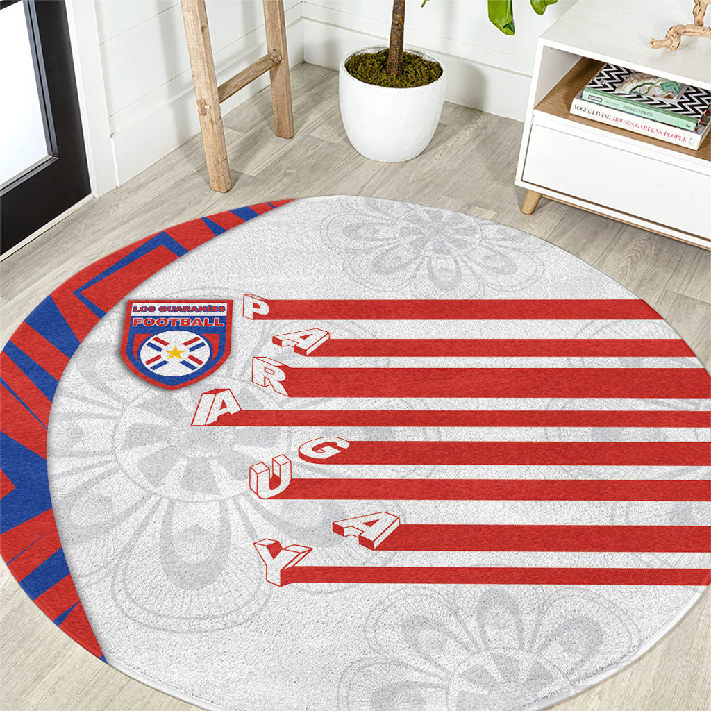 Paraguay Football Round Carpet Stripes Typography With Nanduti Flower Patterns