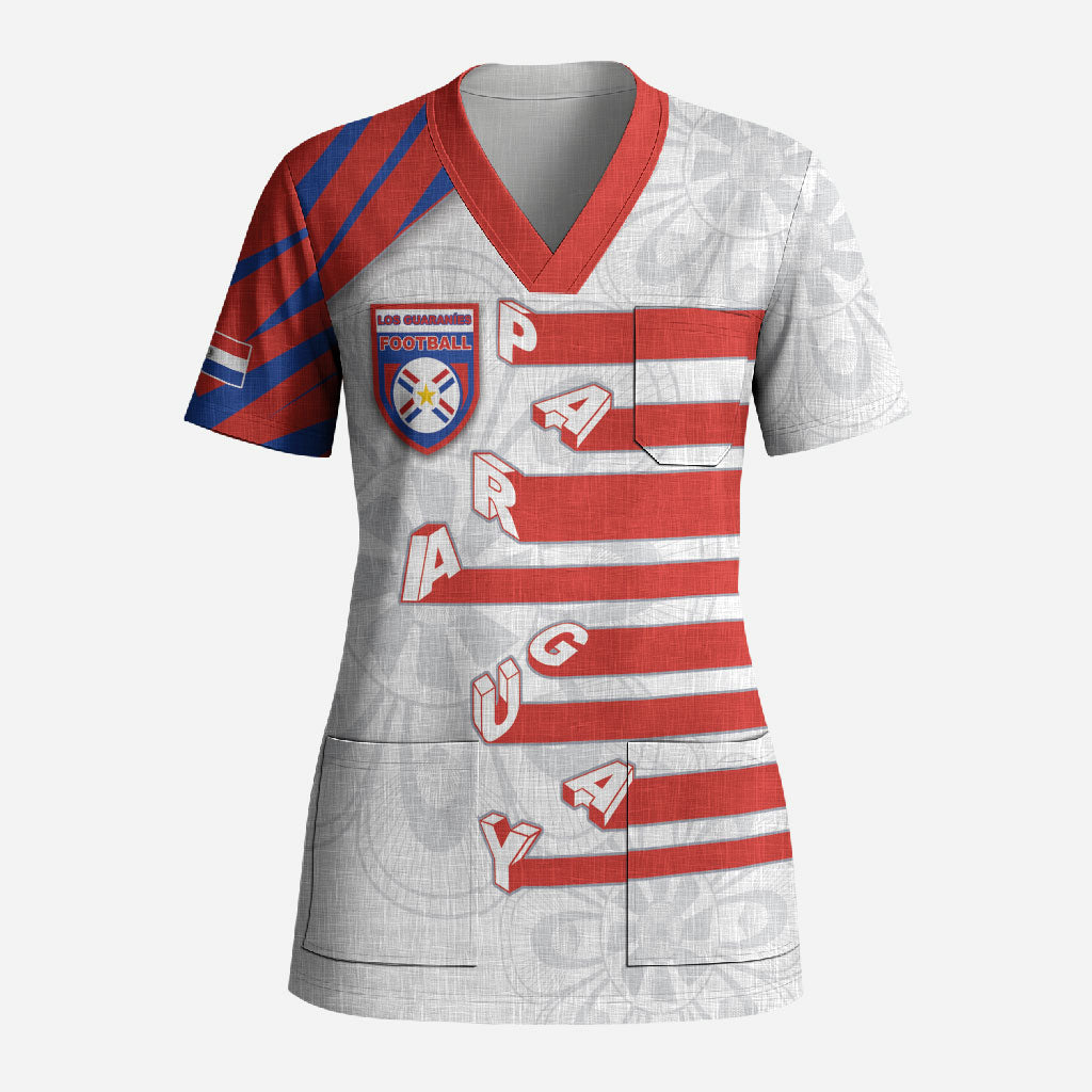 Custom Paraguay Football Scrub Top Stripes Typography With Nanduti Flower Patterns