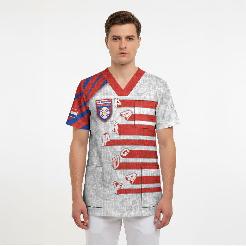Custom Paraguay Football Scrub Top Stripes Typography With Nanduti Flower Patterns