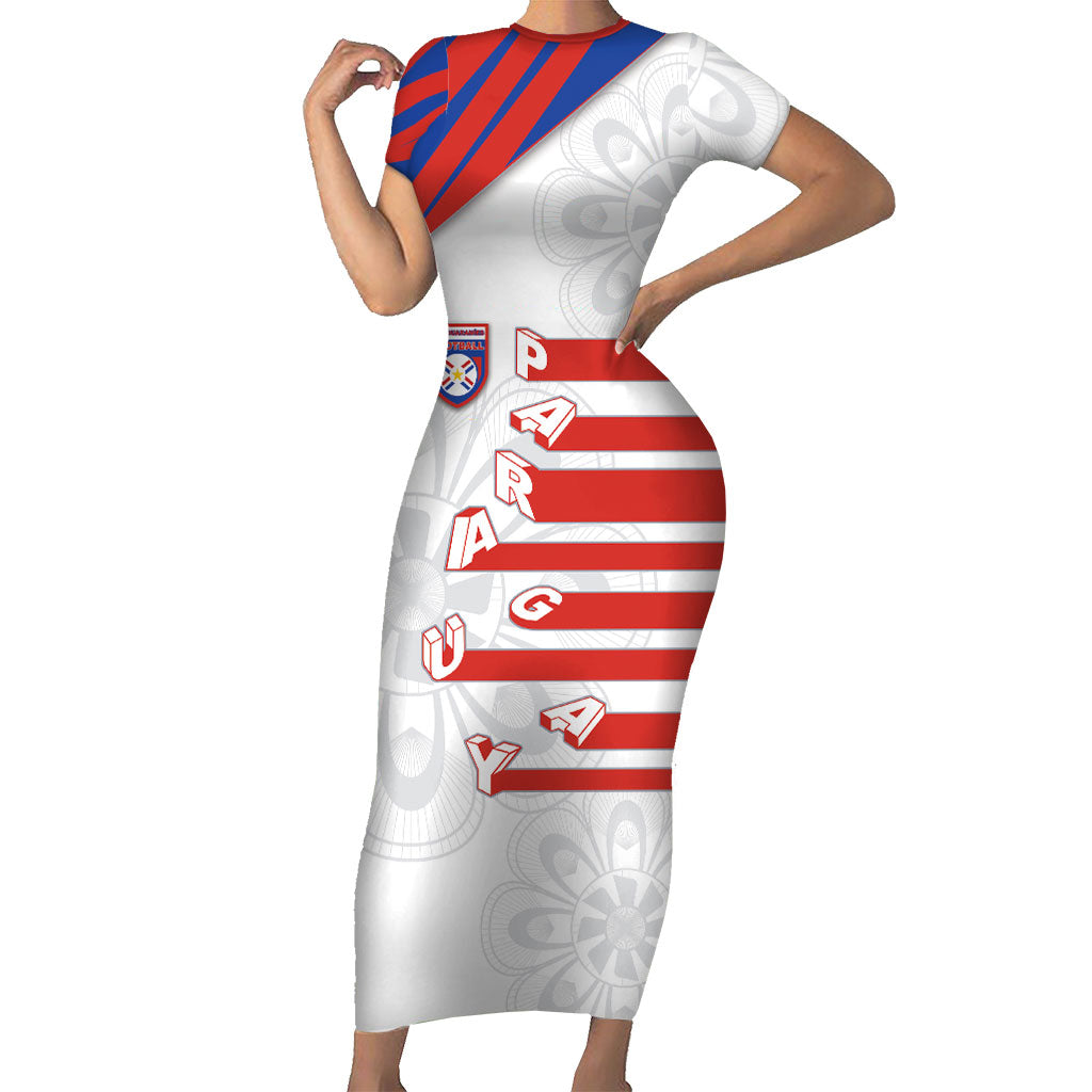 Custom Paraguay Football Short Sleeve Bodycon Dress Stripes Typography With Nanduti Flower Patterns