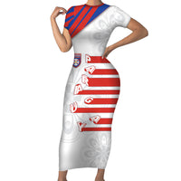 Custom Paraguay Football Short Sleeve Bodycon Dress Stripes Typography With Nanduti Flower Patterns