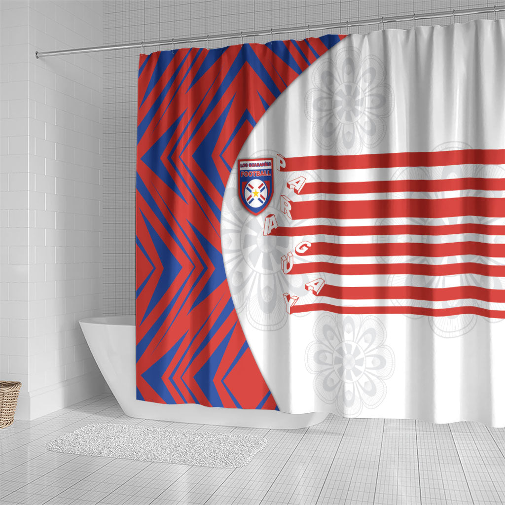 Paraguay Football Shower Curtain Stripes Typography With Nanduti Flower Patterns