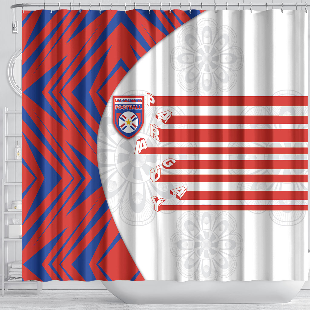 Paraguay Football Shower Curtain Stripes Typography With Nanduti Flower Patterns
