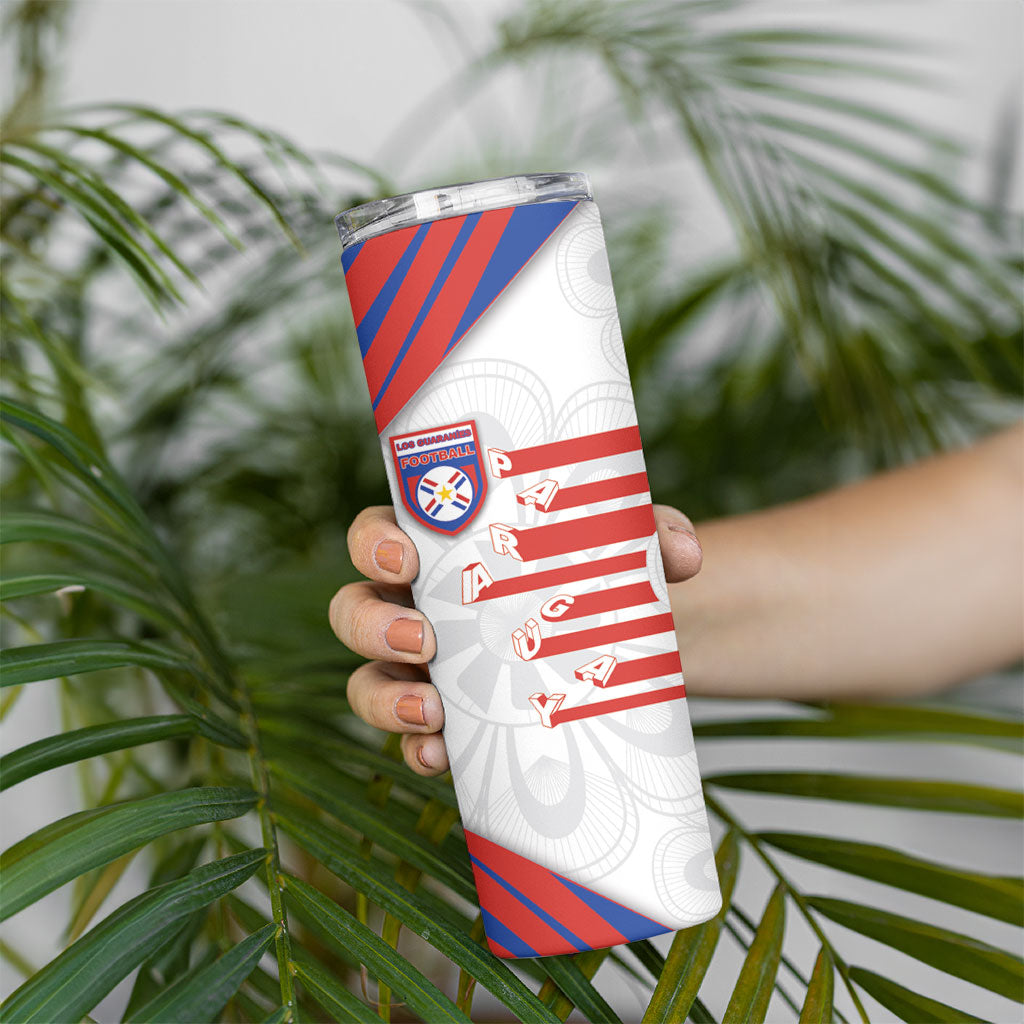 Custom Paraguay Football Skinny Tumbler Stripes Typography With Nanduti Flower Patterns
