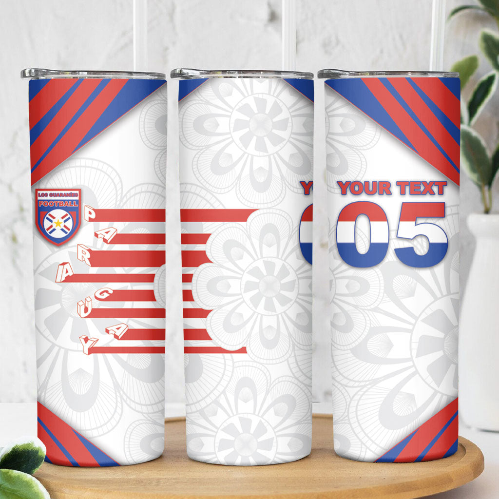 Custom Paraguay Football Skinny Tumbler Stripes Typography With Nanduti Flower Patterns