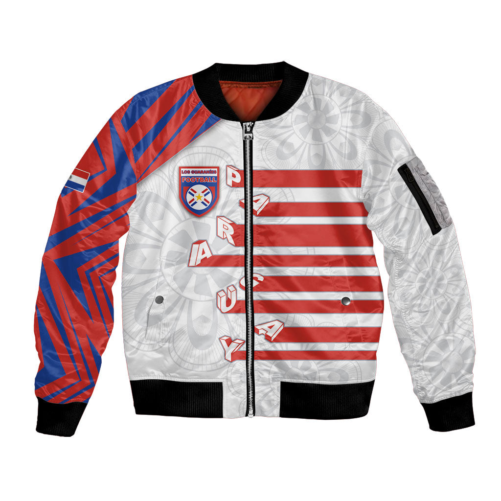 Custom Paraguay Football Sleeve Zip Bomber Jacket Stripes Typography With Nanduti Flower Patterns