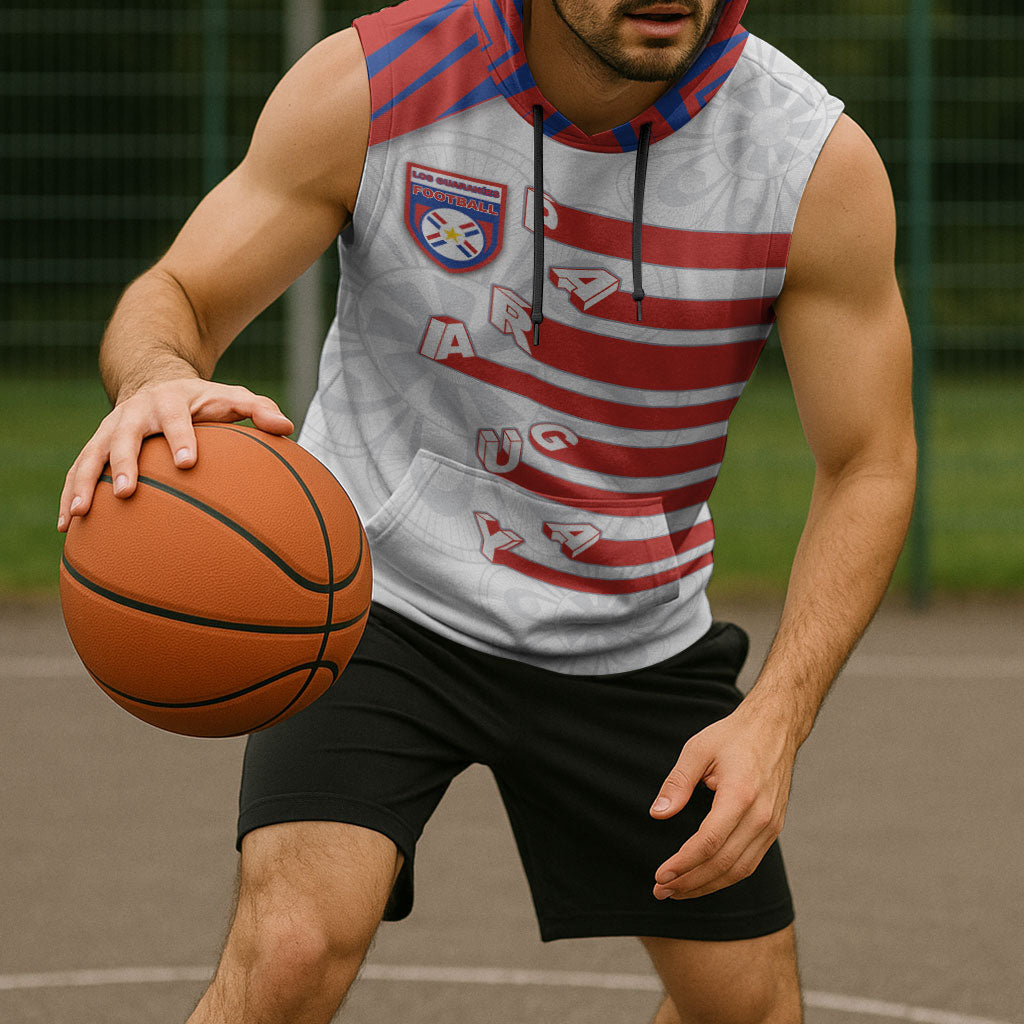 Custom Paraguay Football Sleeveless Hoodie Stripes Typography With Nanduti Flower Patterns