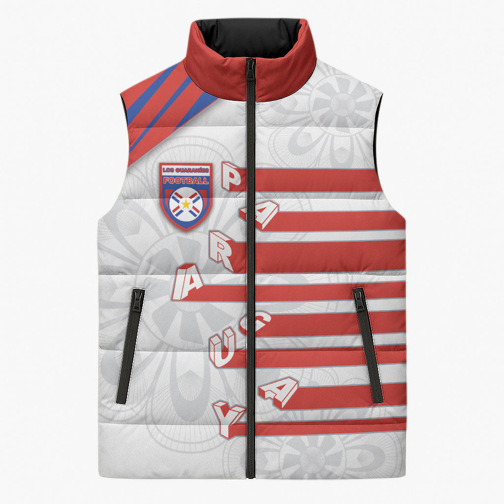 Custom Paraguay Football Sleeveless Puffer Jacket Stripes Typography With Nanduti Flower Patterns