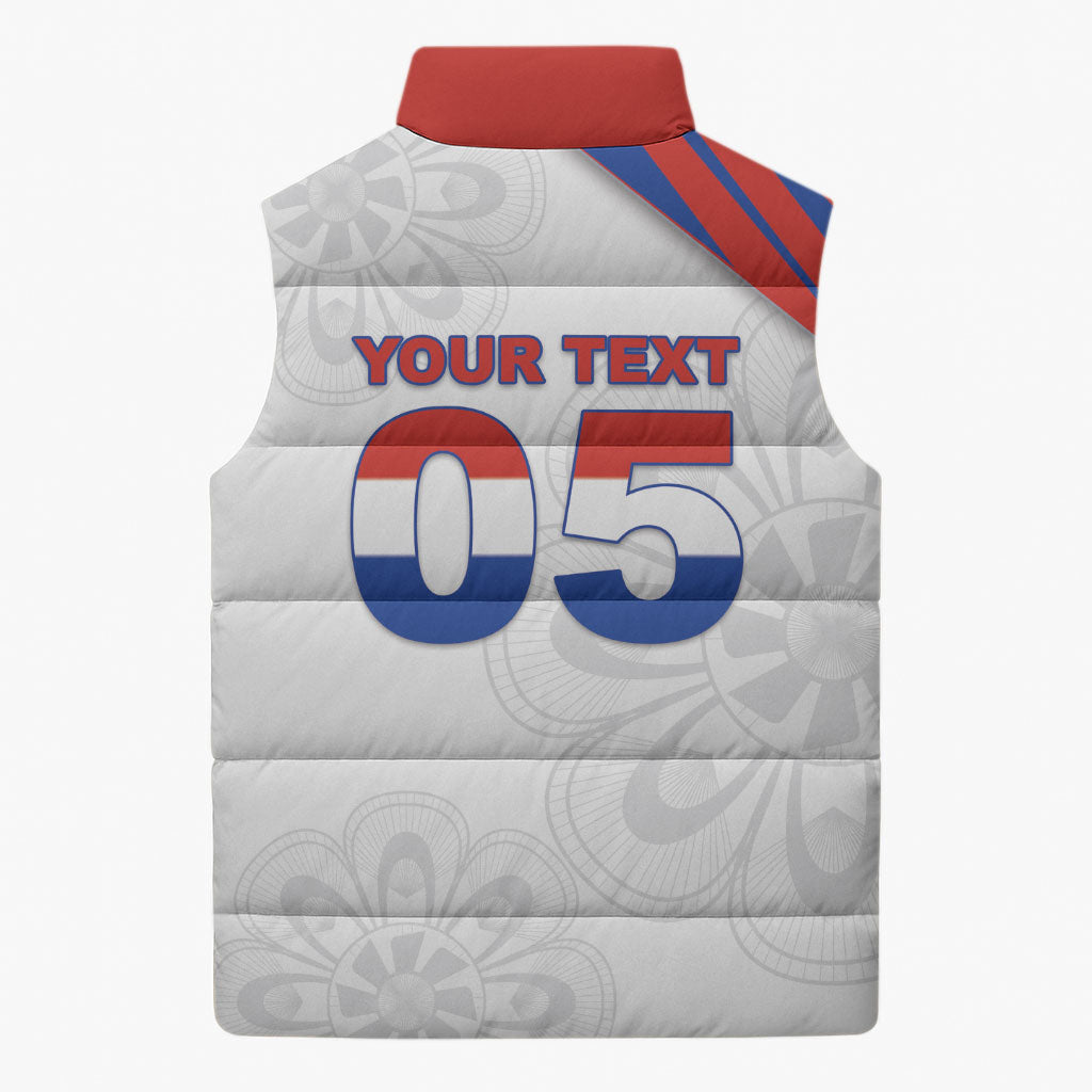 Custom Paraguay Football Sleeveless Puffer Jacket Stripes Typography With Nanduti Flower Patterns