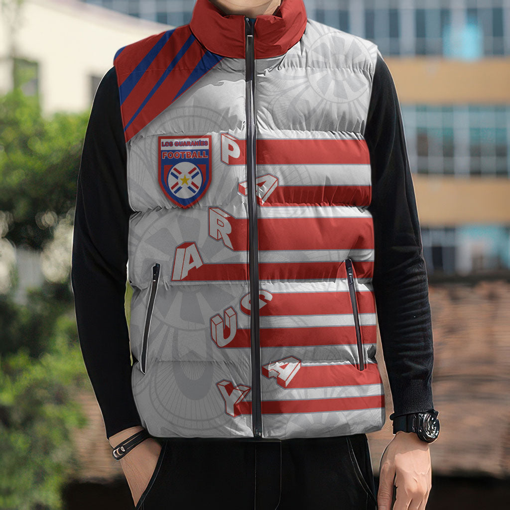 Custom Paraguay Football Sleeveless Puffer Jacket Stripes Typography With Nanduti Flower Patterns