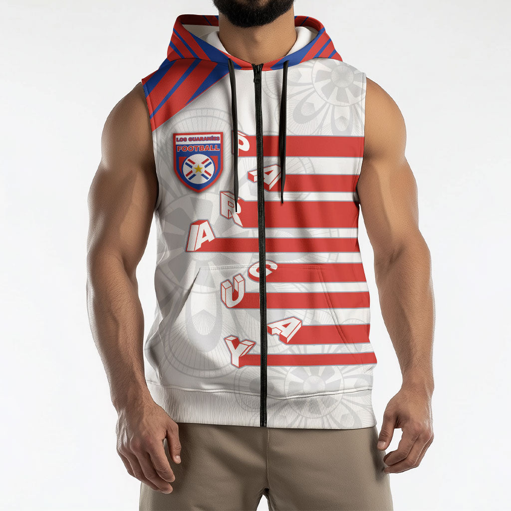 Custom Paraguay Football Sleeveless Zip Hoodie Stripes Typography With Nanduti Flower Patterns