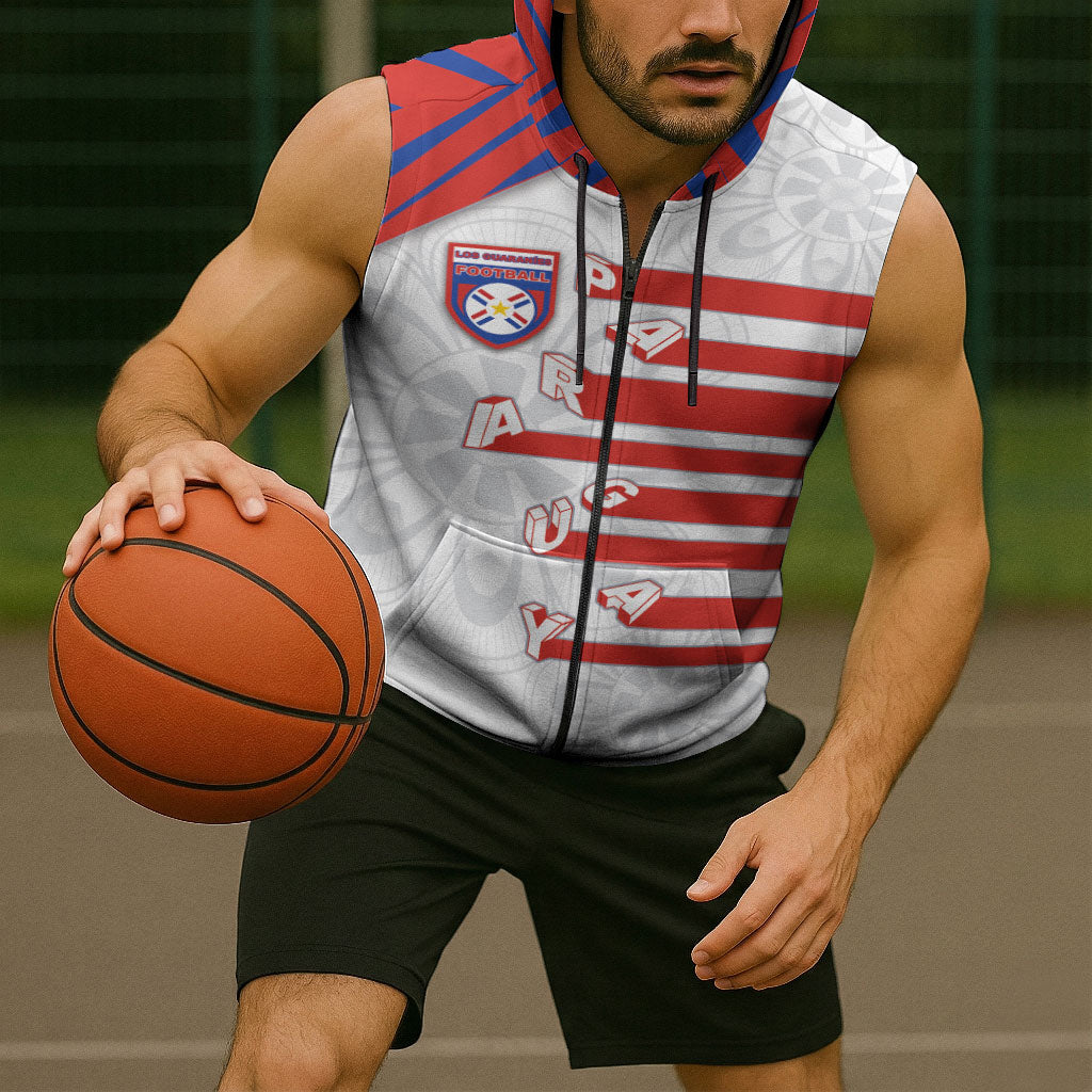 Custom Paraguay Football Sleeveless Zip Hoodie Stripes Typography With Nanduti Flower Patterns
