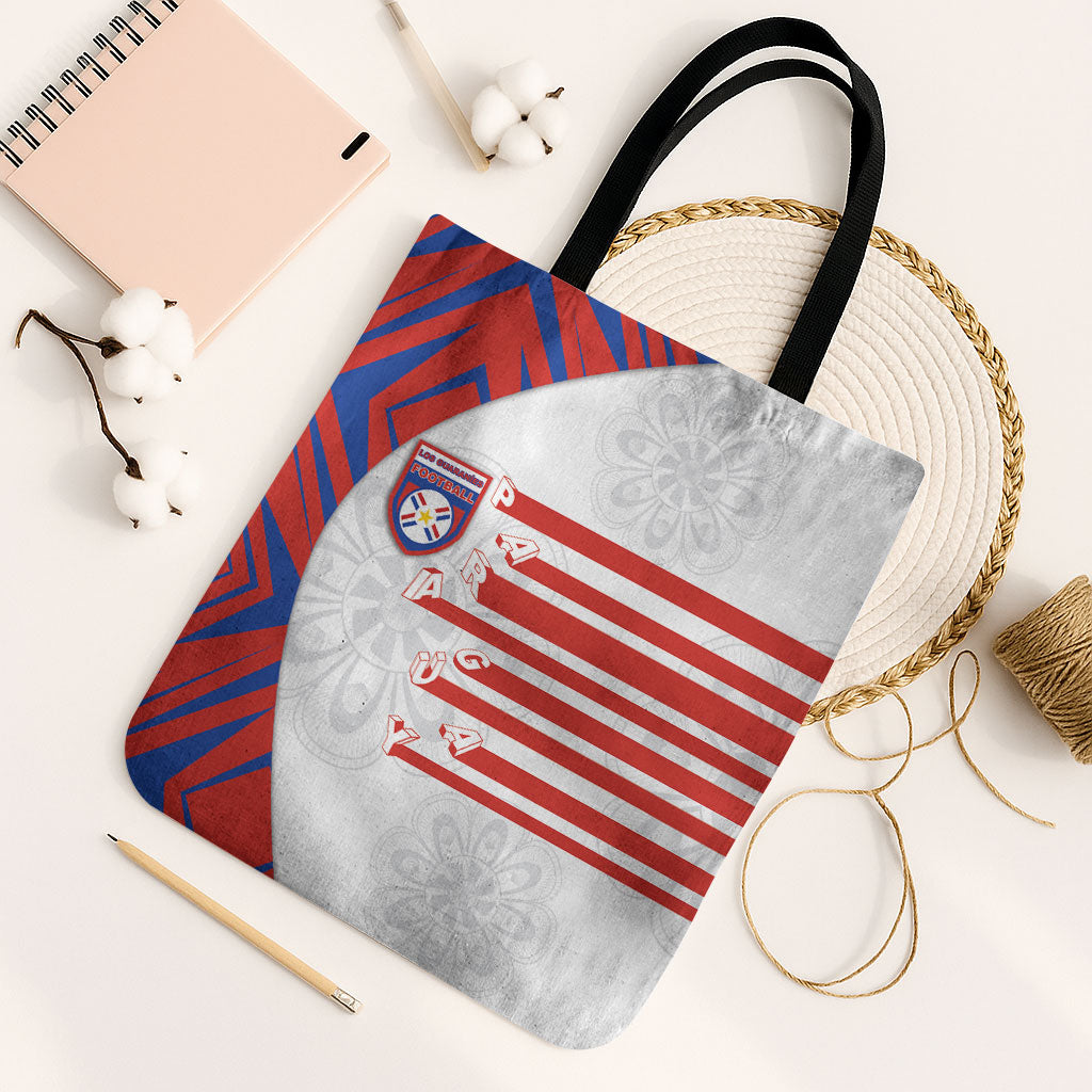 Paraguay Football Tote Bag Stripes Typography With Nanduti Flower Patterns