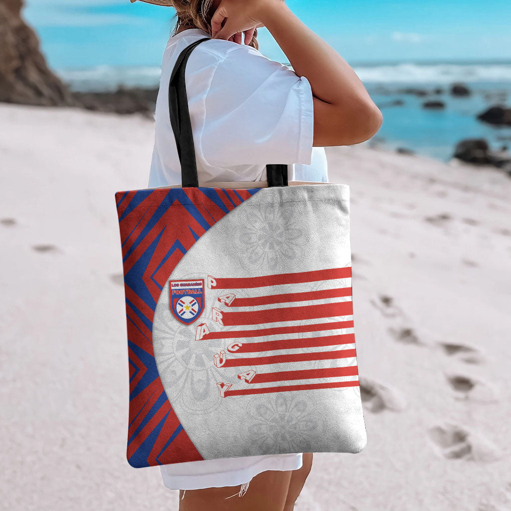 Paraguay Football Tote Bag Stripes Typography With Nanduti Flower Patterns