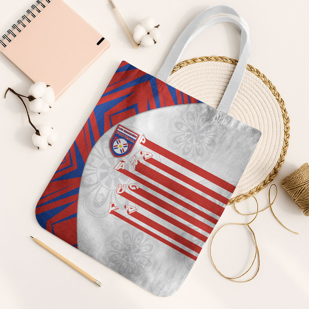 Paraguay Football Tote Bag Stripes Typography With Nanduti Flower Patterns