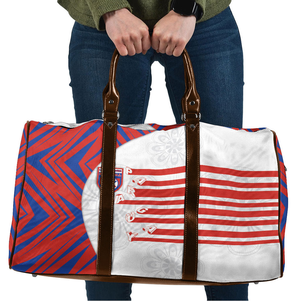 Paraguay Football Travel Bag Stripes Typography With Nanduti Flower Patterns