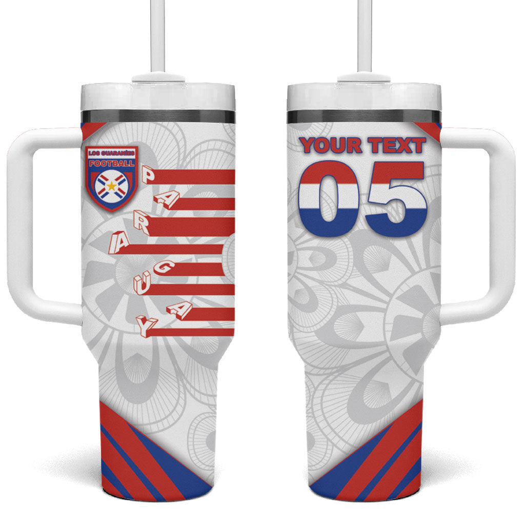 Custom Paraguay Football Tumbler With Handle Stripes Typography With Nanduti Flower Patterns