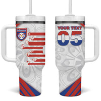 Custom Paraguay Football Tumbler With Handle Stripes Typography With Nanduti Flower Patterns
