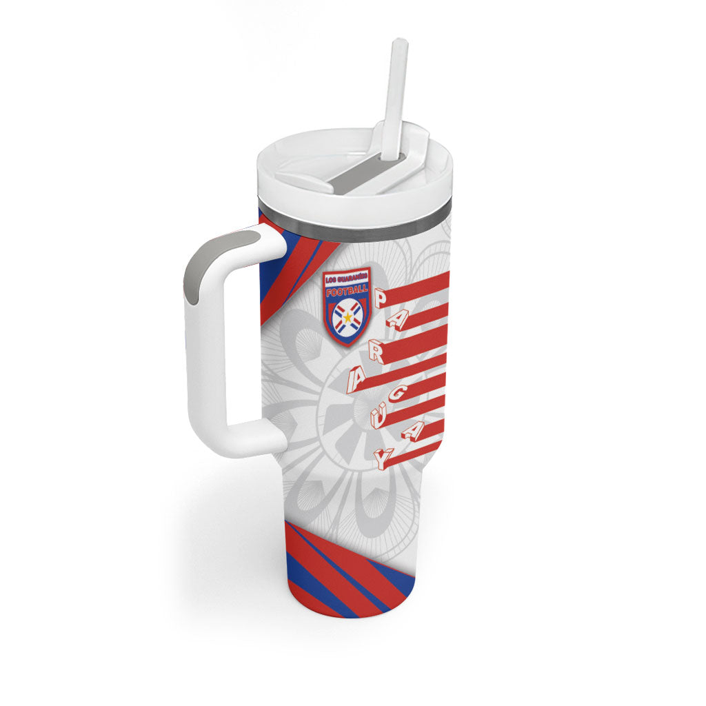 Custom Paraguay Football Tumbler With Handle Stripes Typography With Nanduti Flower Patterns