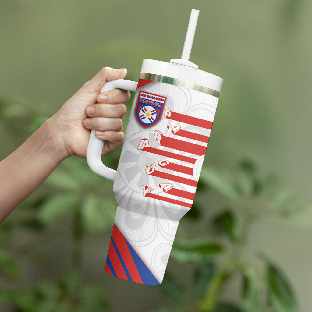 Custom Paraguay Football Tumbler With Handle Stripes Typography With Nanduti Flower Patterns