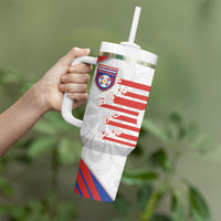 Custom Paraguay Football Tumbler With Handle Stripes Typography With Nanduti Flower Patterns